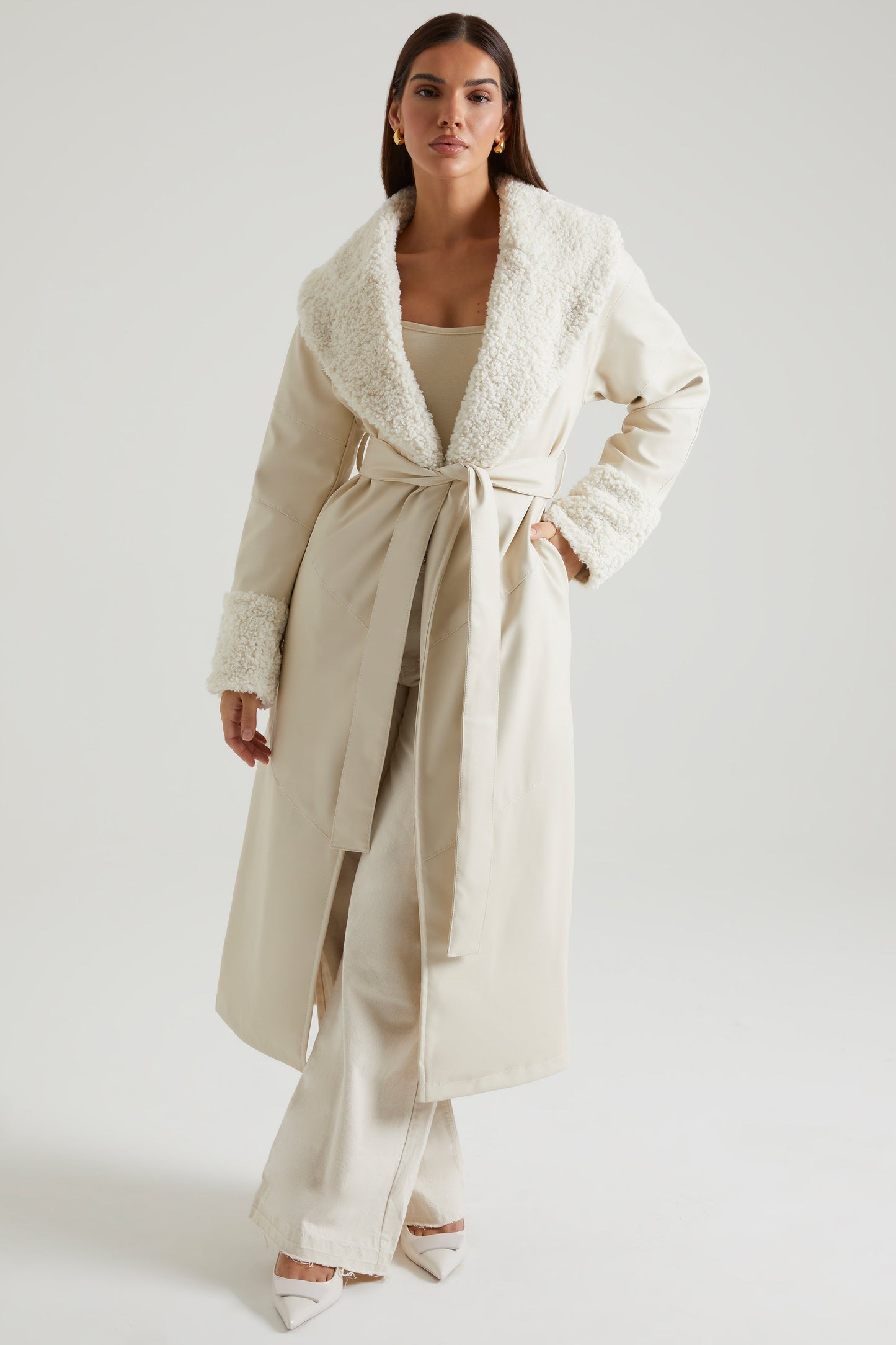 Tie Up Coat with Shearling Collar and Cuffs in Cream