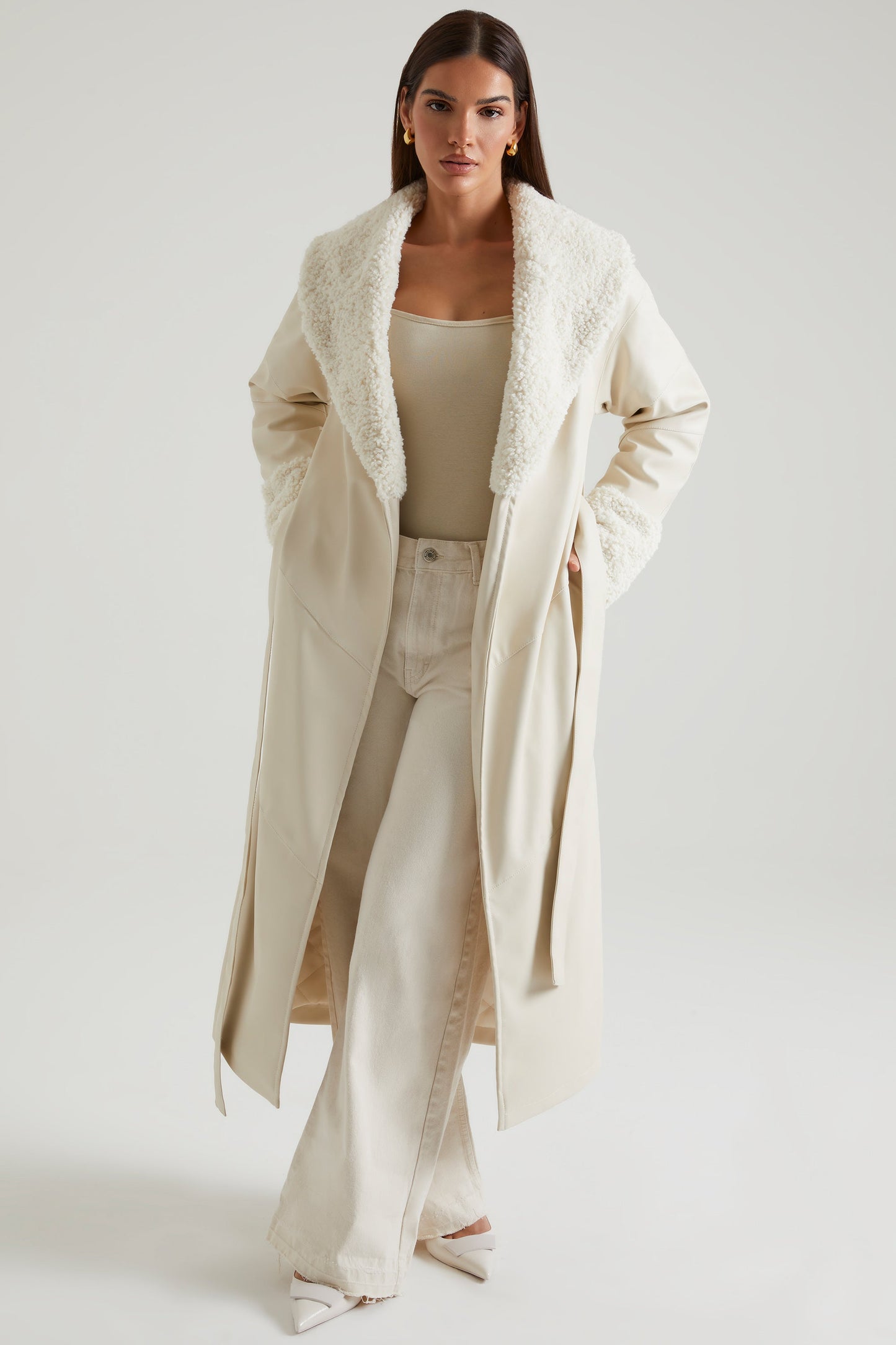 Tie Up Coat with Shearling Collar and Cuffs in Cream