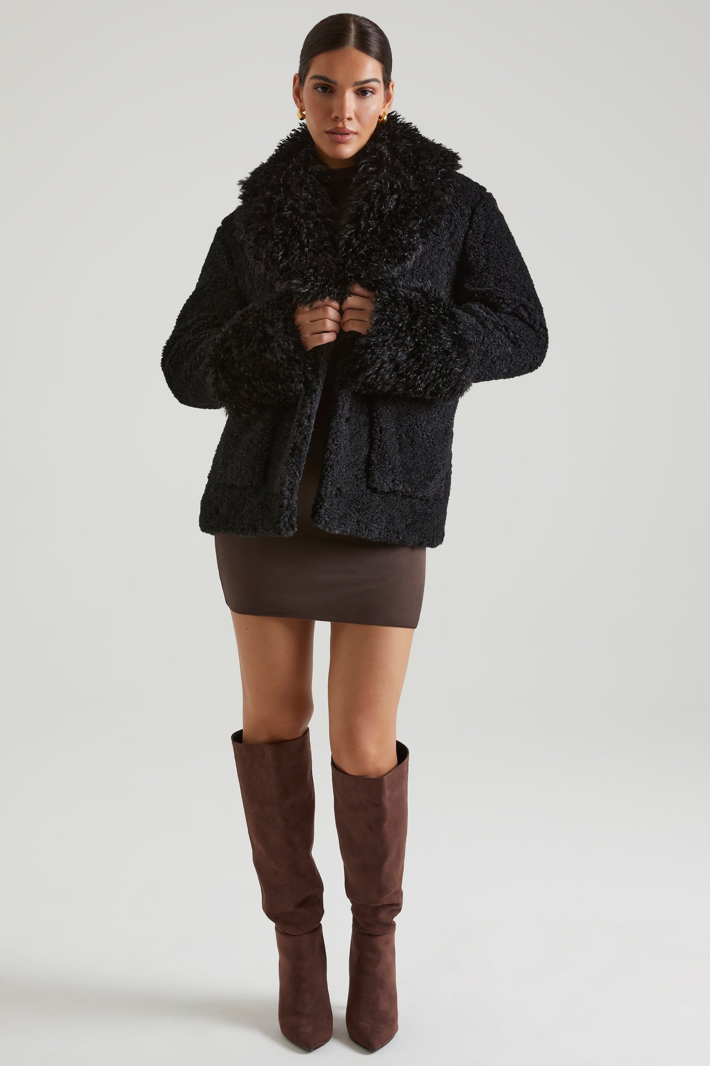 Shearling Coat with Large Front Pockets in Black