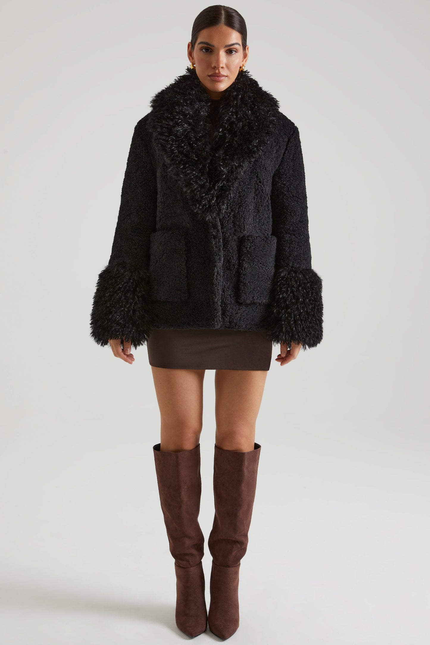 Shearling Coat with Large Front Pockets in Black