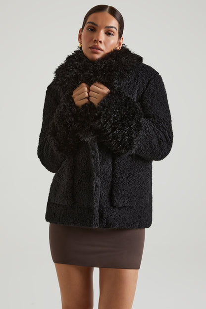 Shearling Coat with Large Front Pockets in Black