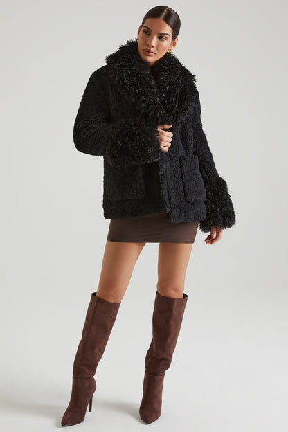 Shearling Coat with Large Front Pockets in Black