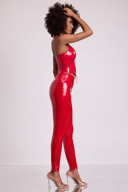 Vinyl High V-Waist Leggings in Fire Red