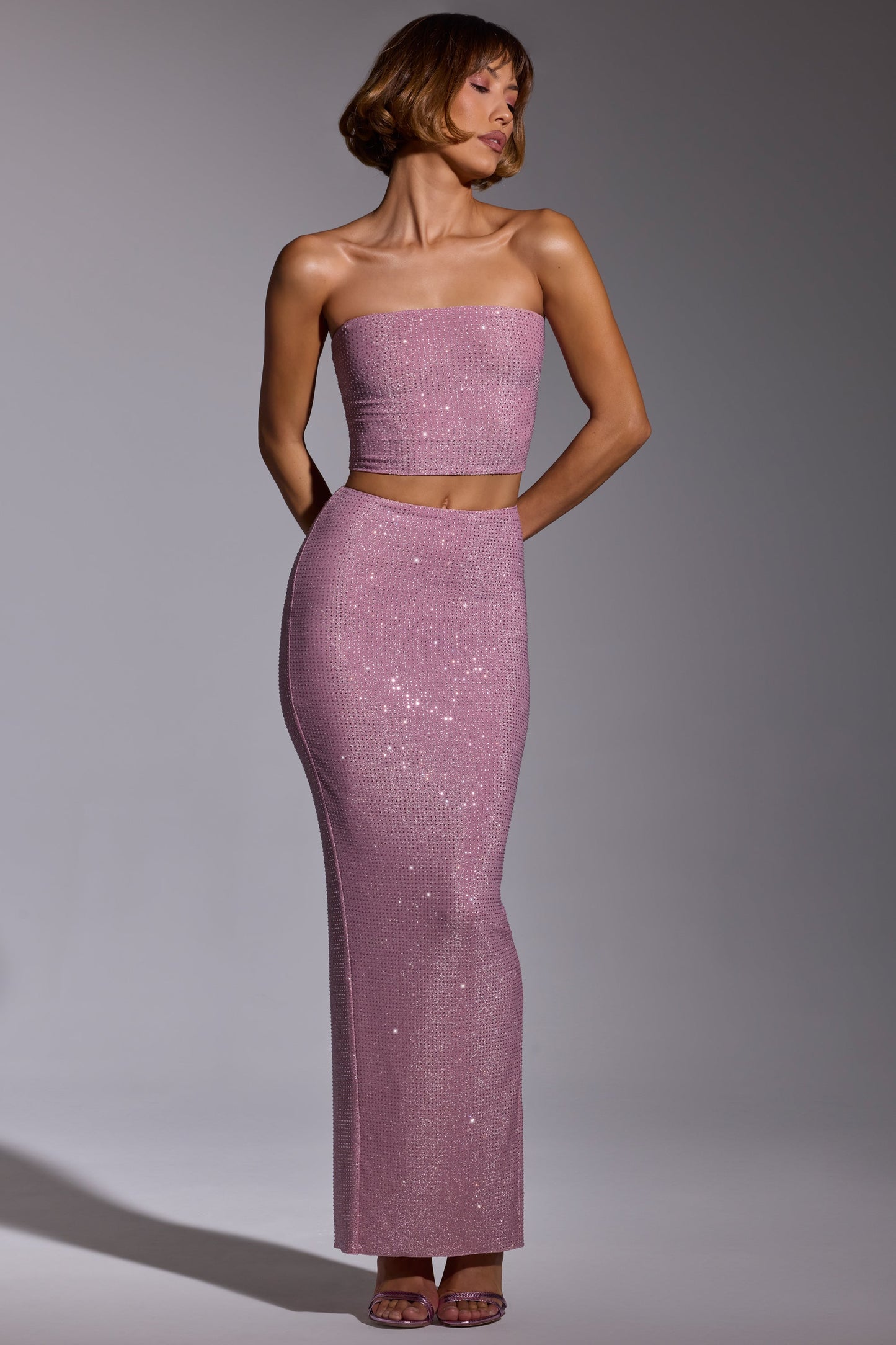 Embellished Crop Top and Maxi Skirt Co-ord in Light Pink