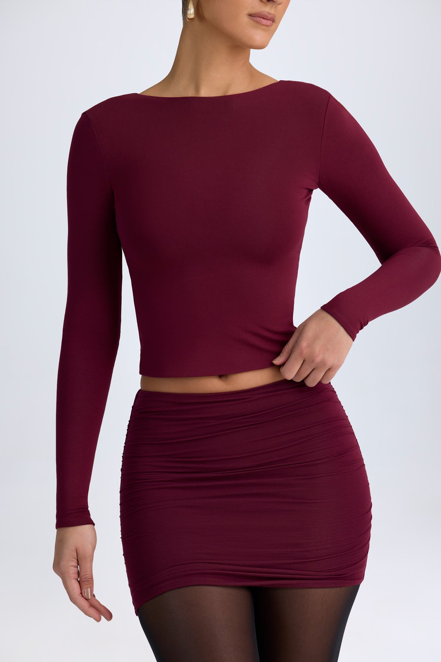 Modal Ruched Mid-Rise Mini Skirt in Wine Red