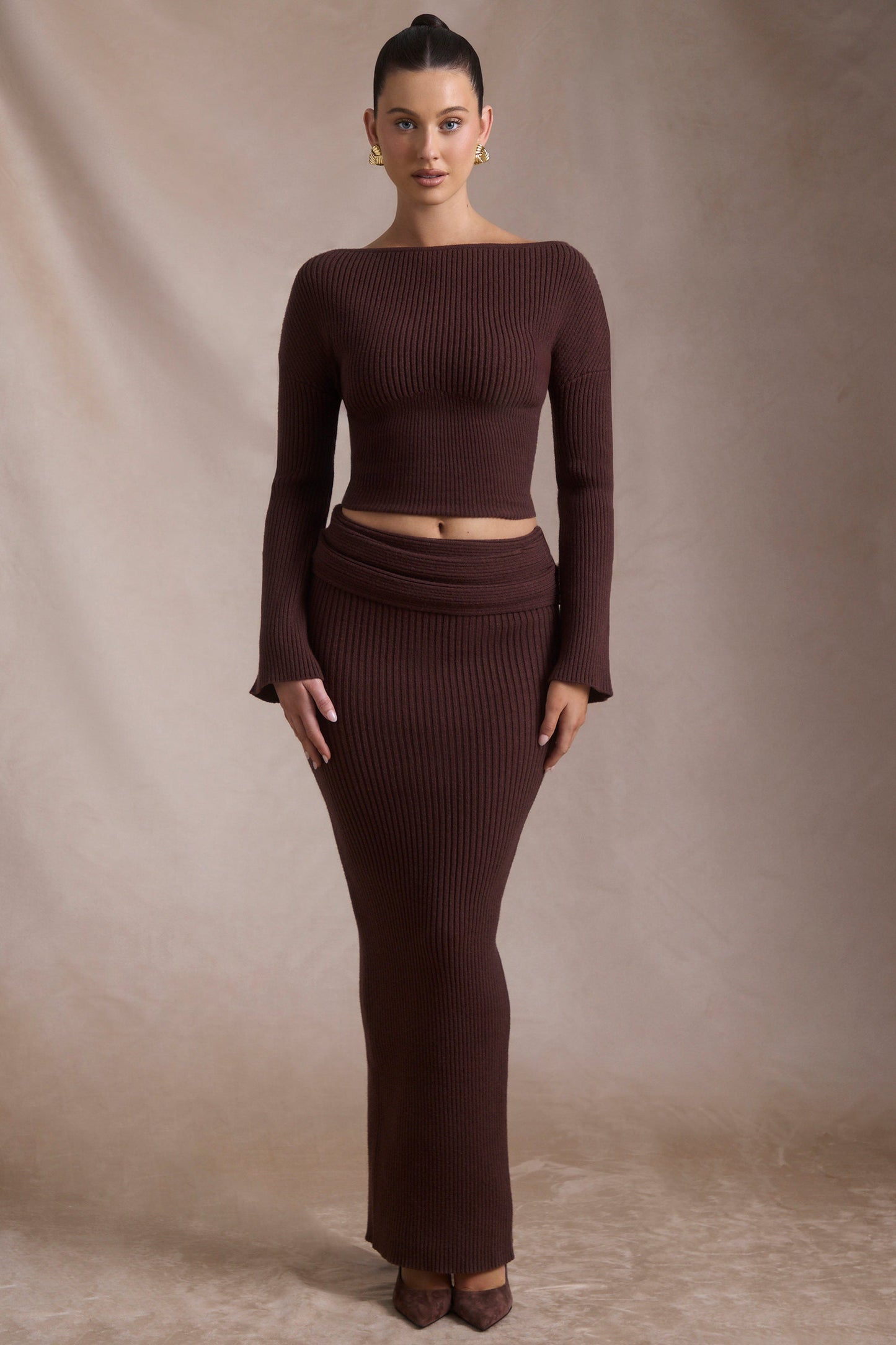 Ribbed-Knit Foldover Maxi Skirt in Espresso