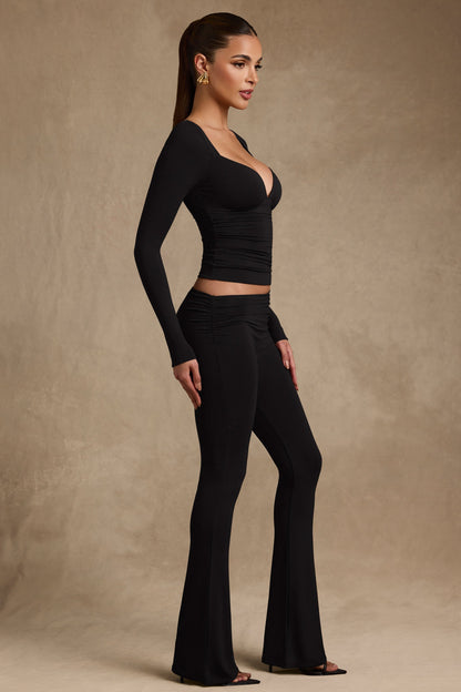 Modal Asymmetric-Waist Flared Trousers in Black