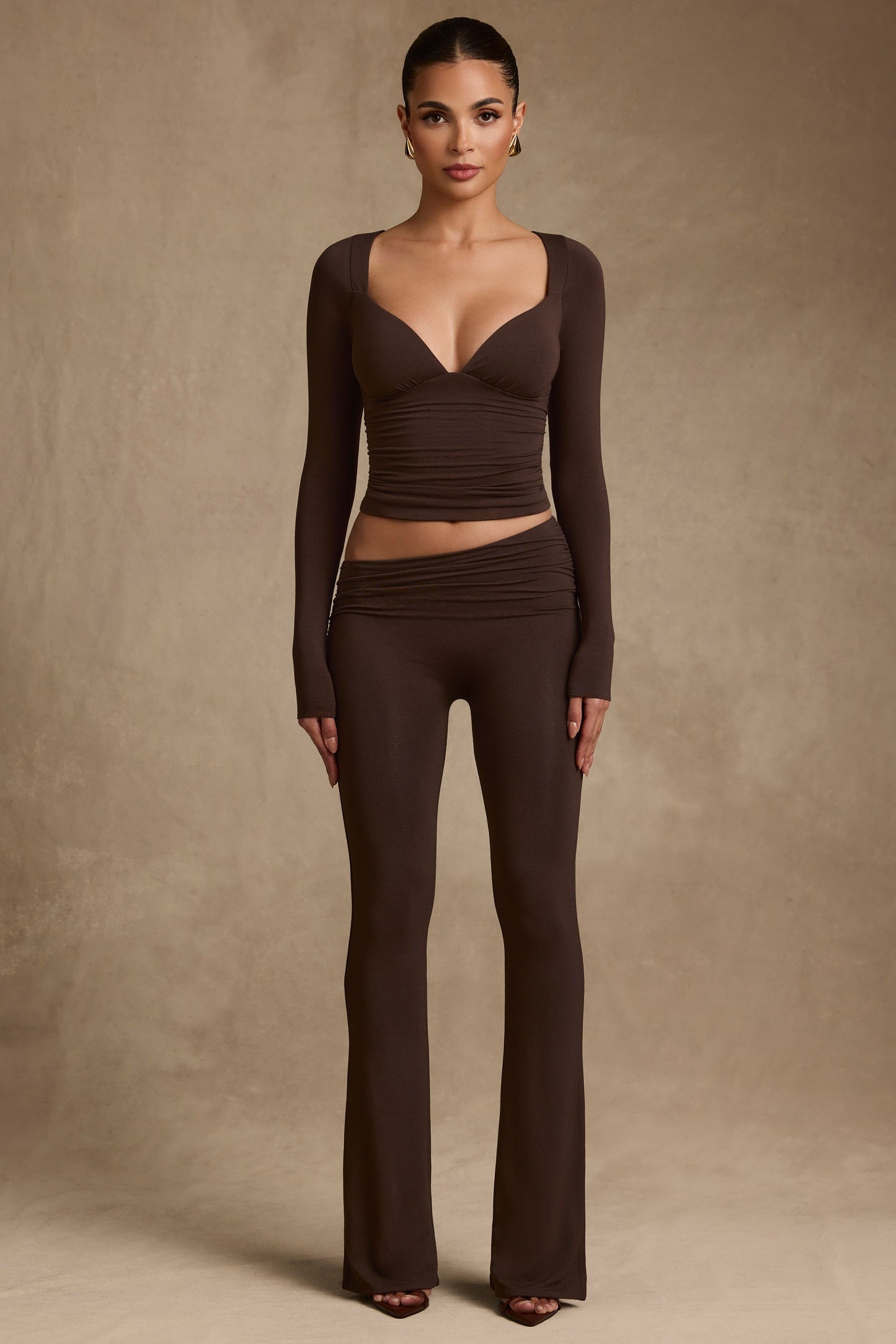 Modal Asymmetric-Waist Flared Trousers in Chocolate Brown