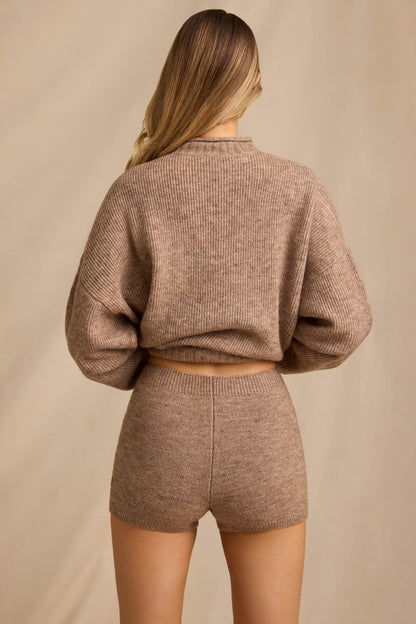 Mid-Rise Knit Mini Shorts in Brown Marl