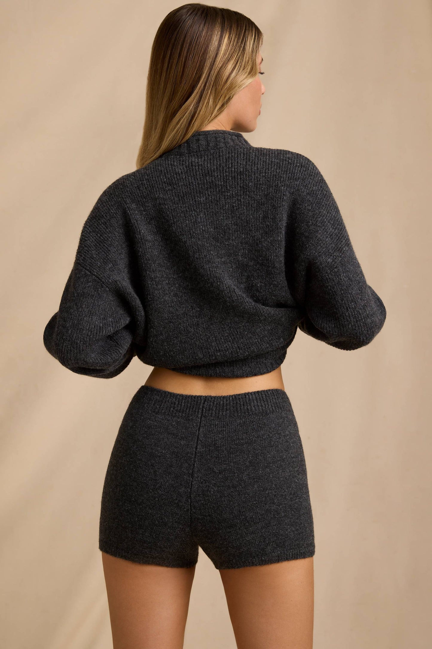 Mid-Rise Knit Mini Shorts in Charcoal Marl