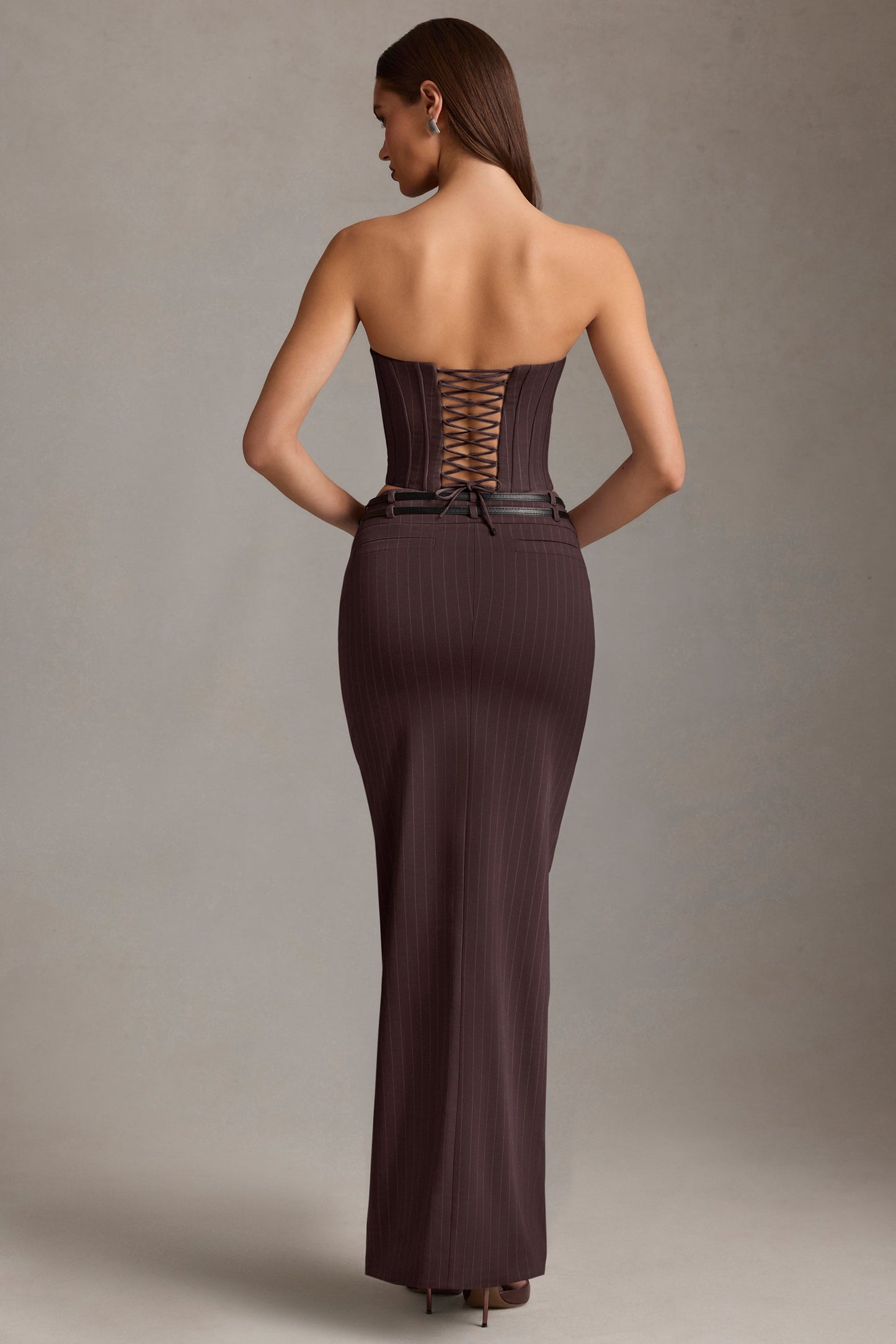 Pinstripe Low-Rise Maxi Skirt in Chocolate Brown