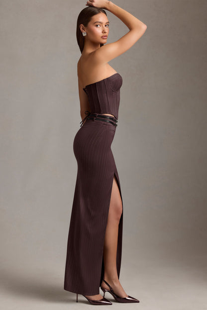 Pinstripe Low-Rise Maxi Skirt in Chocolate Brown