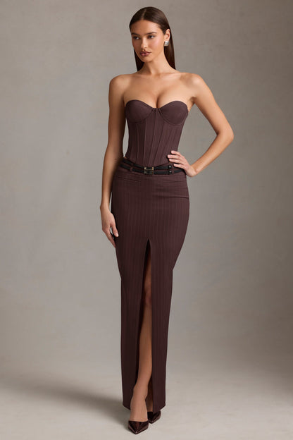 Pinstripe Low-Rise Maxi Skirt in Chocolate Brown