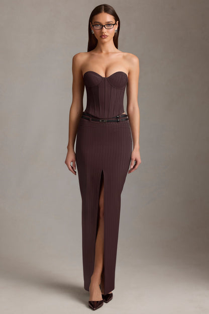 Pinstripe Low-Rise Maxi Skirt in Chocolate Brown