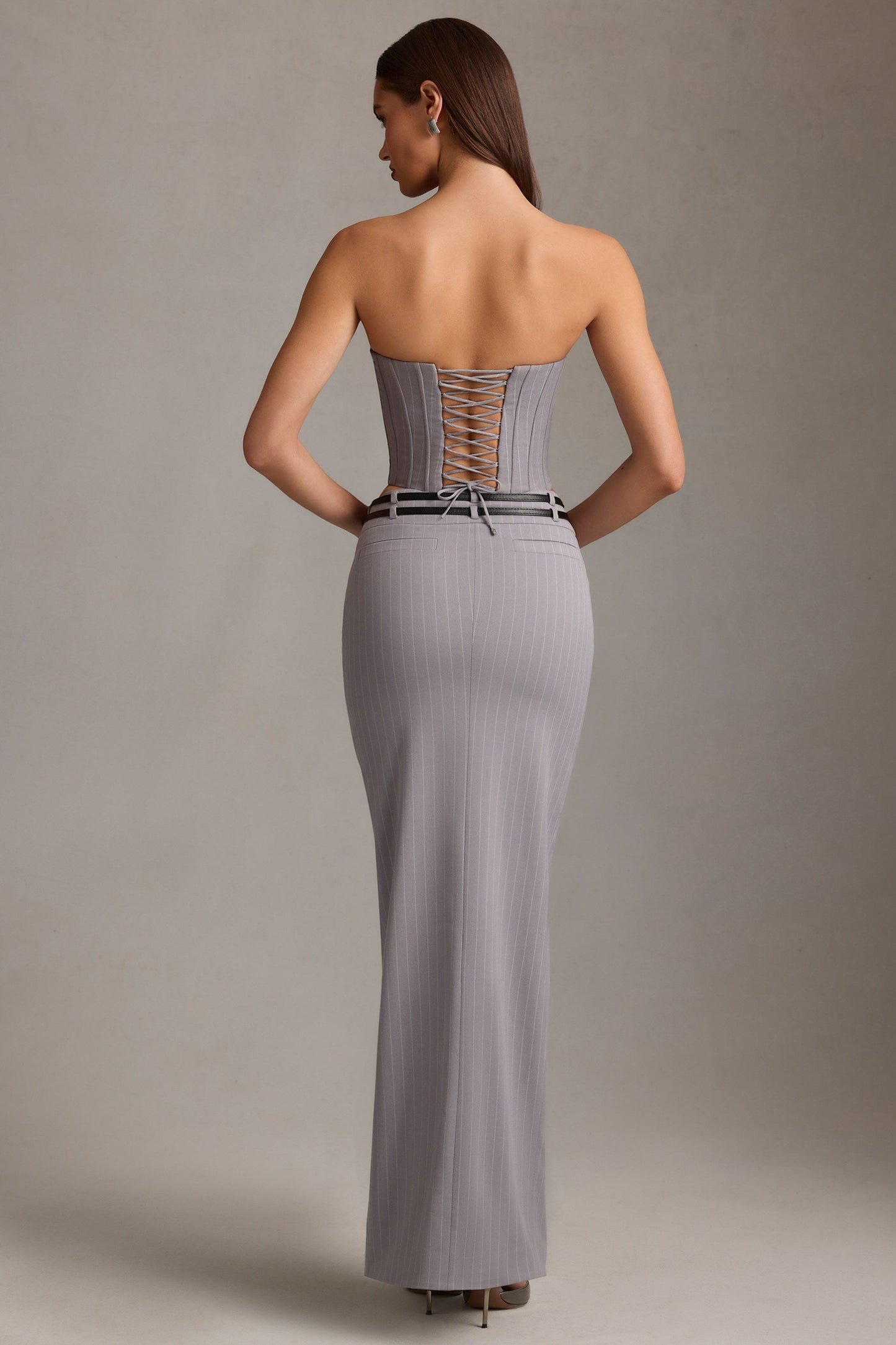 Pinstripe Low-Rise Maxi Skirt in Grey