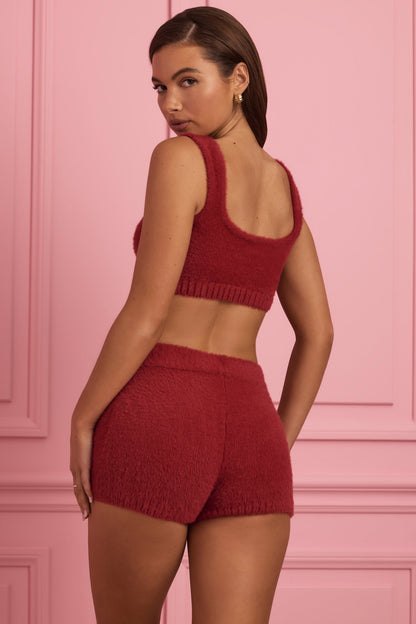 Fluffy Knit Mid-Rise Mini Shorts in Ruby Red