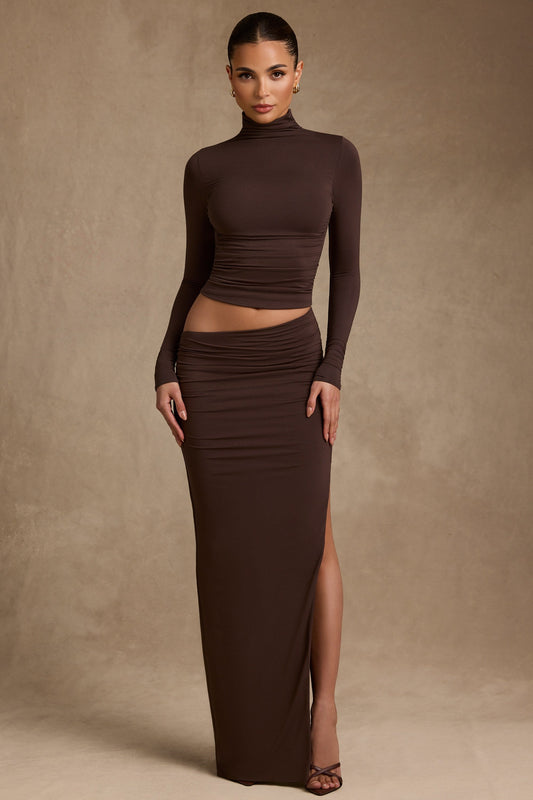 Modal Asymmetric-Waist Maxi Skirt in Chocolate Brown