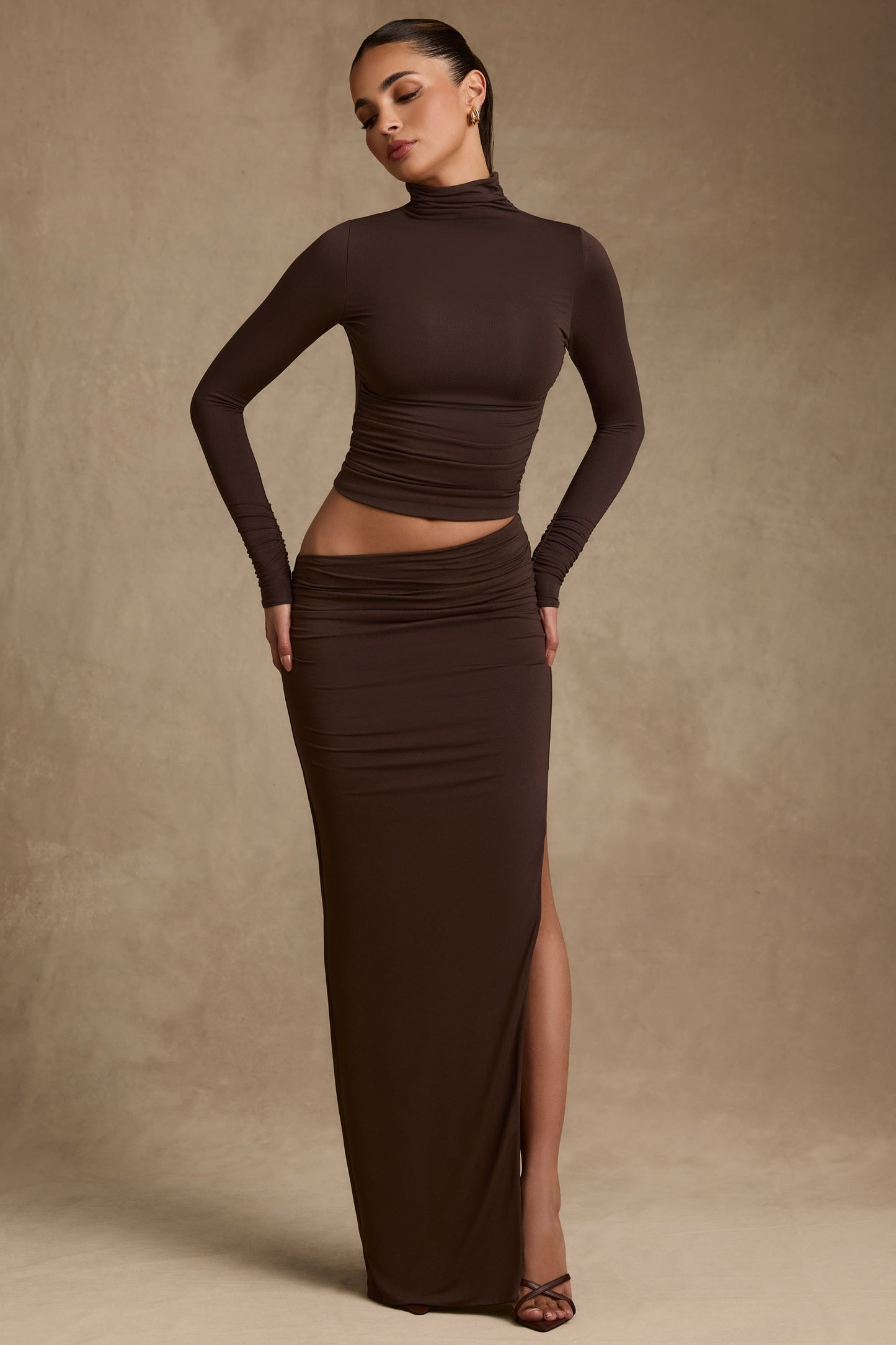 Modal Asymmetric-Waist Maxi Skirt in Chocolate Brown