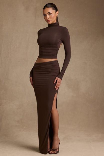 Modal Asymmetric-Waist Maxi Skirt in Chocolate Brown