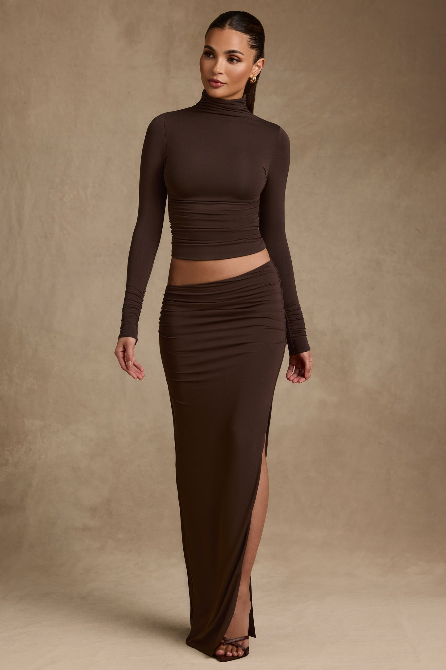 Modal Asymmetric-Waist Maxi Skirt in Chocolate Brown