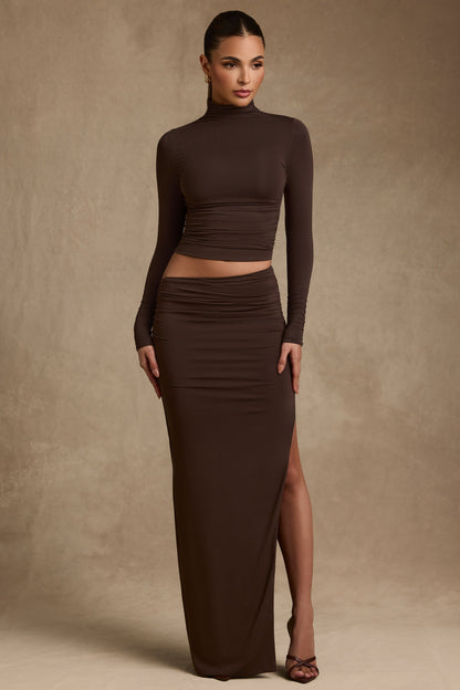 Modal Asymmetric-Waist Maxi Skirt in Chocolate Brown