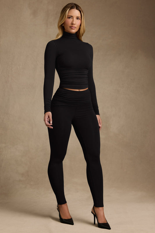 Modal Ruched Mid-Rise Leggings in Black