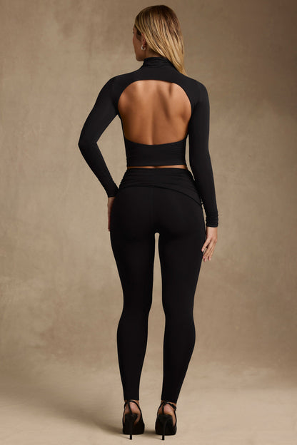 Modal Ruched Mid-Rise Leggings in Black