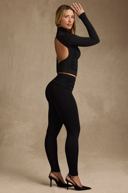 Modal Ruched Mid-Rise Leggings in Black